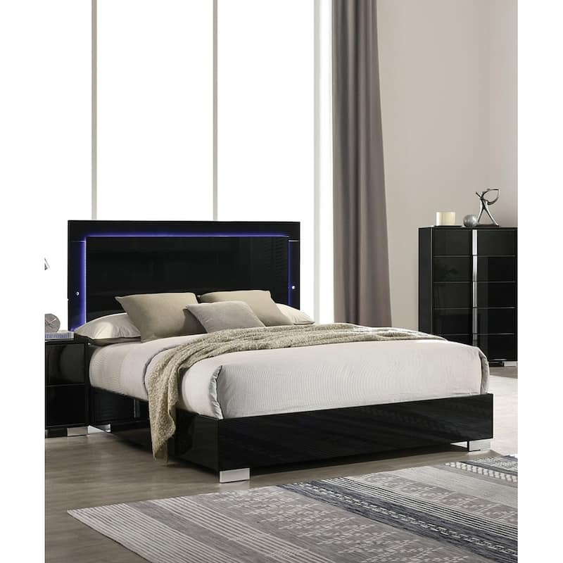 Queen Size Bed with LED-Illuminated Headboard, Sleek UV Finish, Chrome Legs and Vertical Handle Accents - Black - King