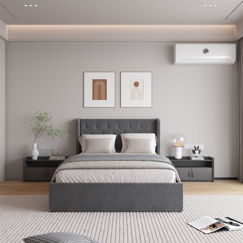 Tufted Wingback Storage Bed Frame with 4 Drawers, Dark Grey Upholstered Platform Bed - Dark Gray