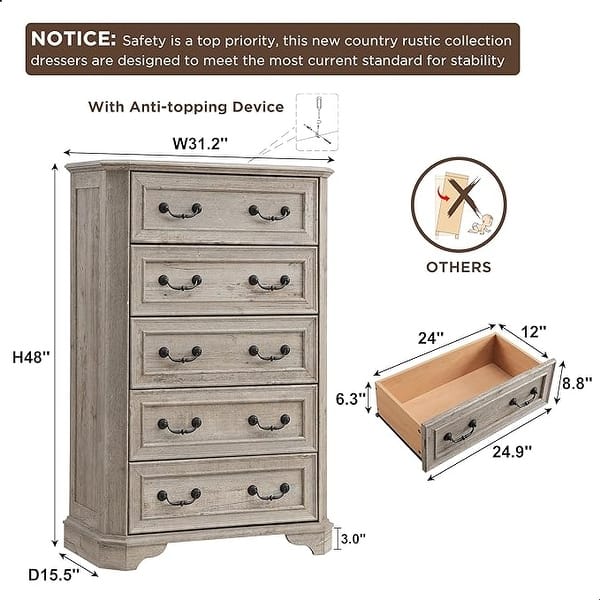 dimension image slide 3 of 5, Farmhouse 5 Drawers Dresser, Wood Chest of Drawers, Dressers Organizer