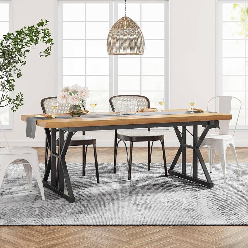 71" Farmhouse Dining Table Rectangular with X-Trestle Metal Legs Light Walnut & Black