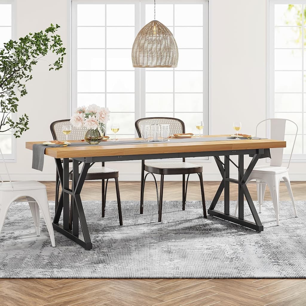 71" Farmhouse Dining Table Rectangular with X-Trestle Metal Legs Light Walnut & Black