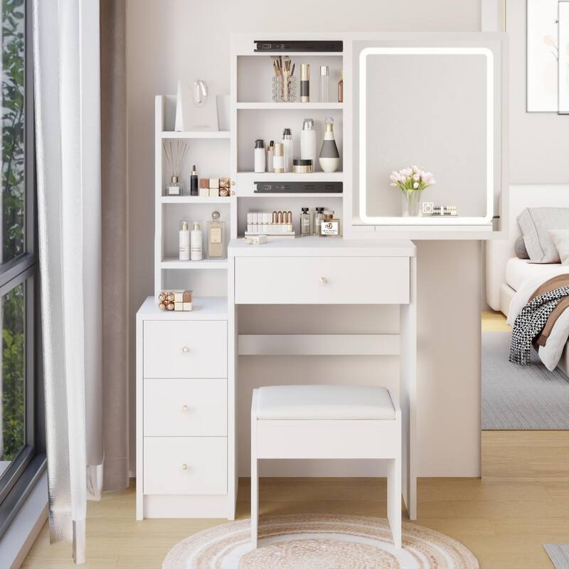 Small Space Left Bedside Cabinet Vanity Table,Cushioned Stool,Extra Large Touch Control Sliding LED Mirror,Tri-color Switching - White