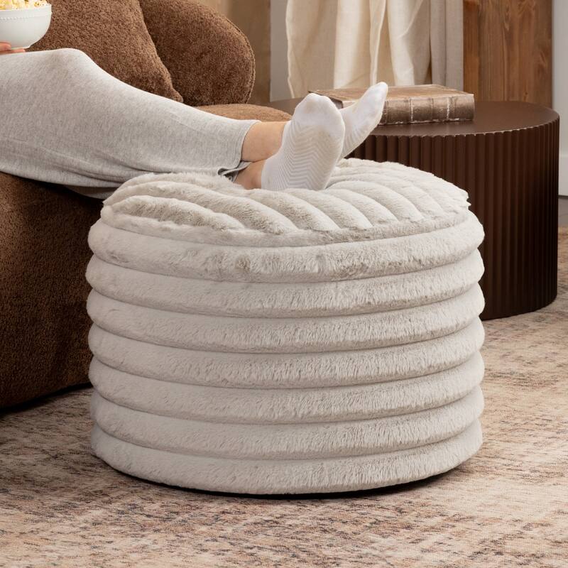 Faux Fur Ribbed Plush Pouf Ottoman - 22" - Gray