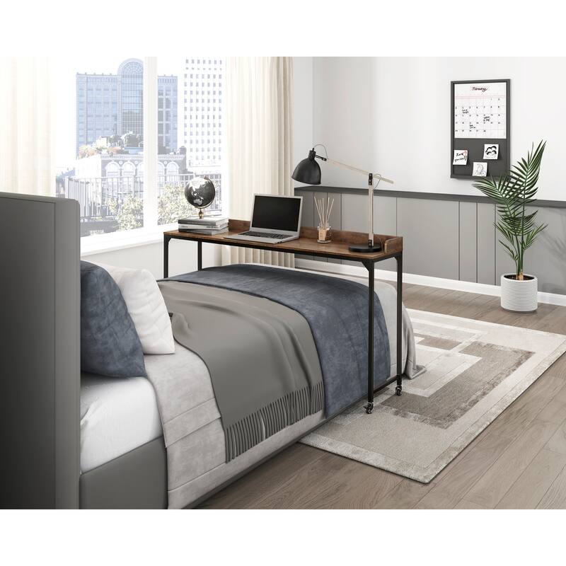 Rustic Brown Wood Finish Multipurpose Over the Bed Desk with Adjustable Height, Metal Legs with Casters, Overbed Table 1pc