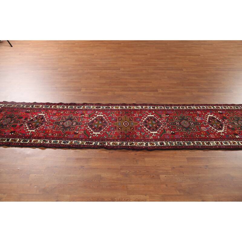 Tribal Geometric Gharajeh Persian Runner Rug Handmade Red Wool Carpet - 2'4"x 9'10"