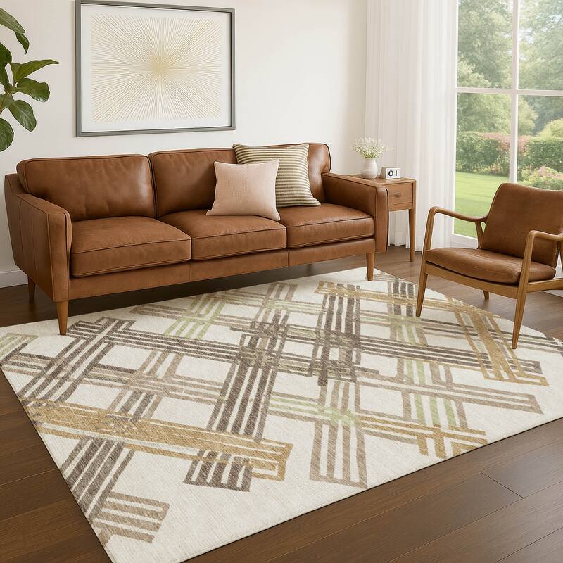 Machine Washable Indoor/ Outdoor Modern Trellis Chantille Rug