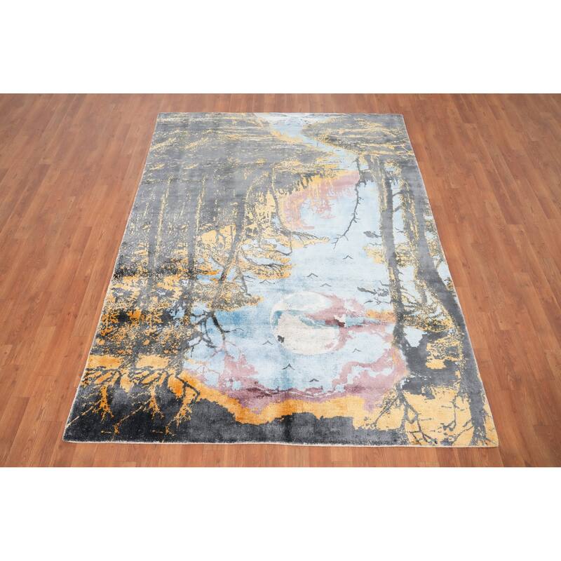 Hand Knotted Oriental Viscose Silk Carpet Modern Pictorial Navy Blue & Blues Abstract Area Rug - 7' 7'' X 5' 8''
