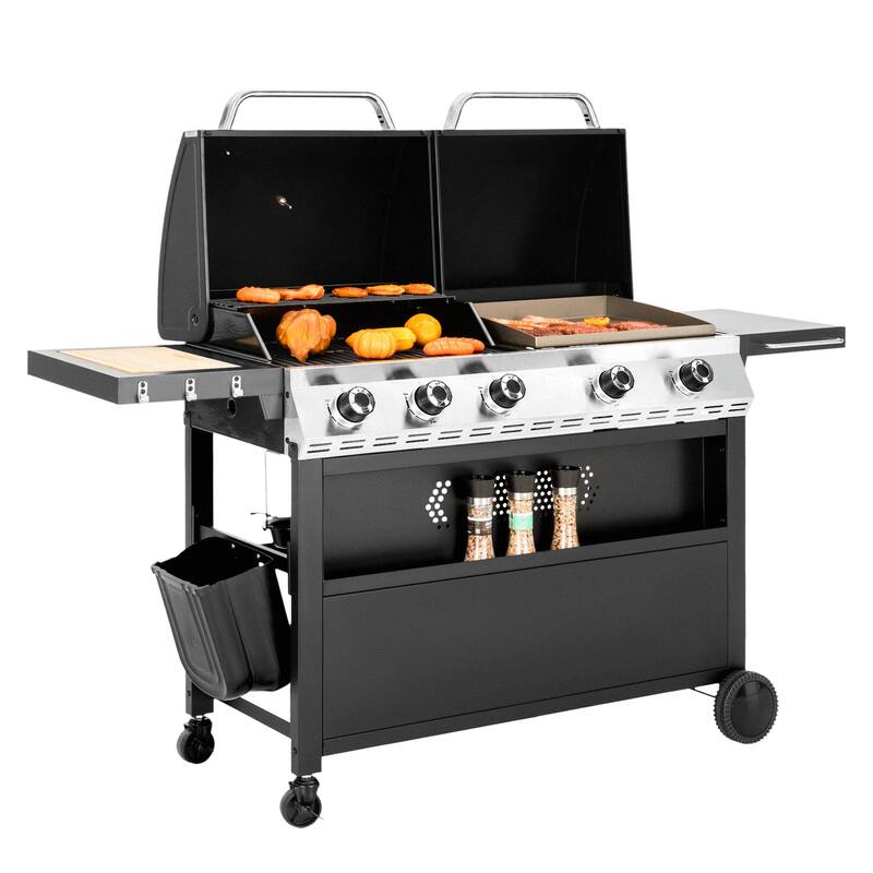 MAISON ARTS Propane Gas Griddle and Grill Combo - Porcelain-Enameled Cast Iron with Cast Iron Pan, 696 SQIN Cooking Area - Black - Propane Gas