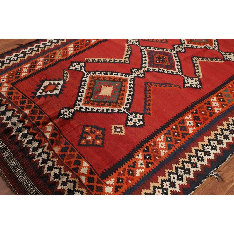 Red Kilim Qashqai Persian Vintage Area Rug Flatweave Wool Carpet - 5'0"x 7'6"