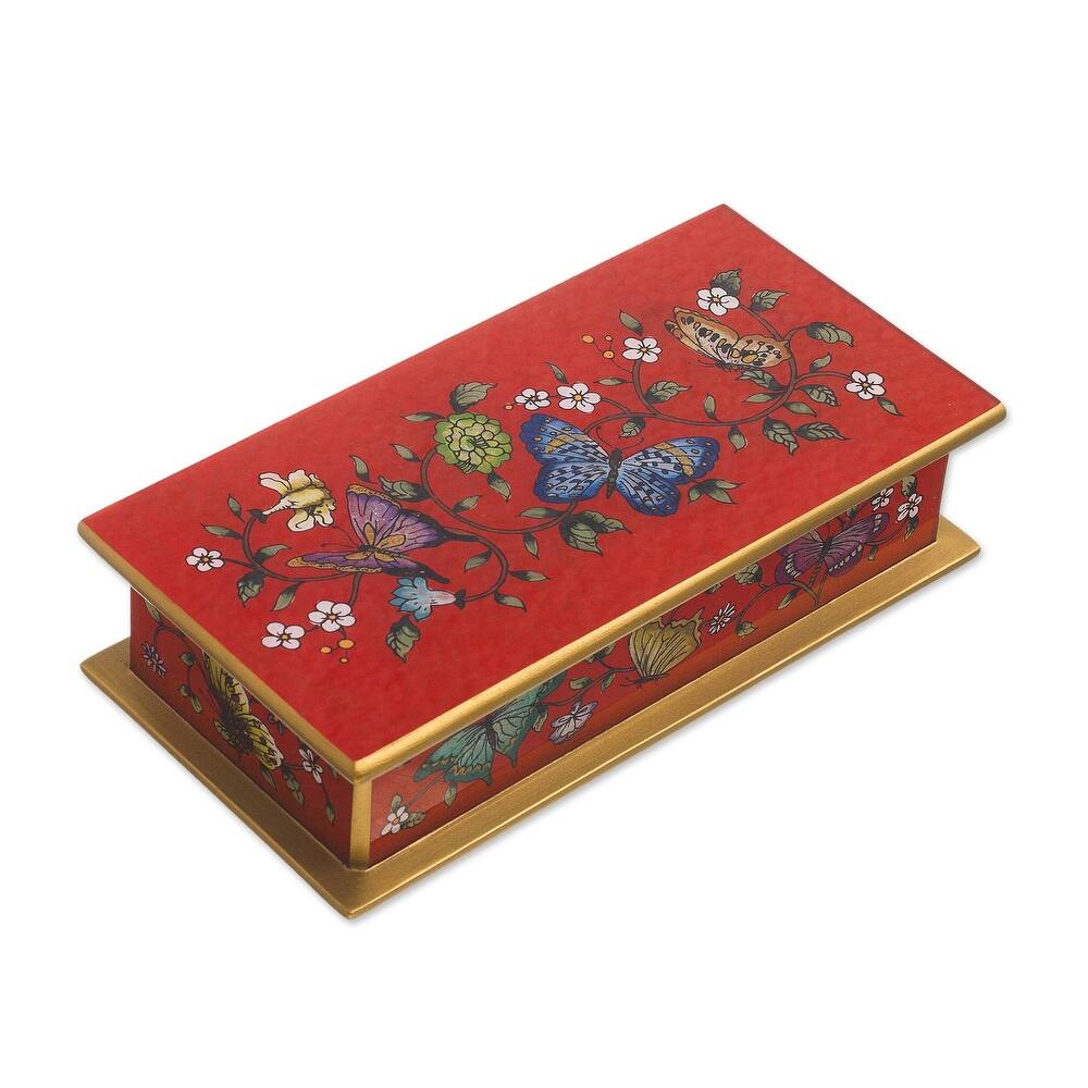 Novica Handmade Butterflies On Scarlet Reverse-Painted Glass Decorative Box