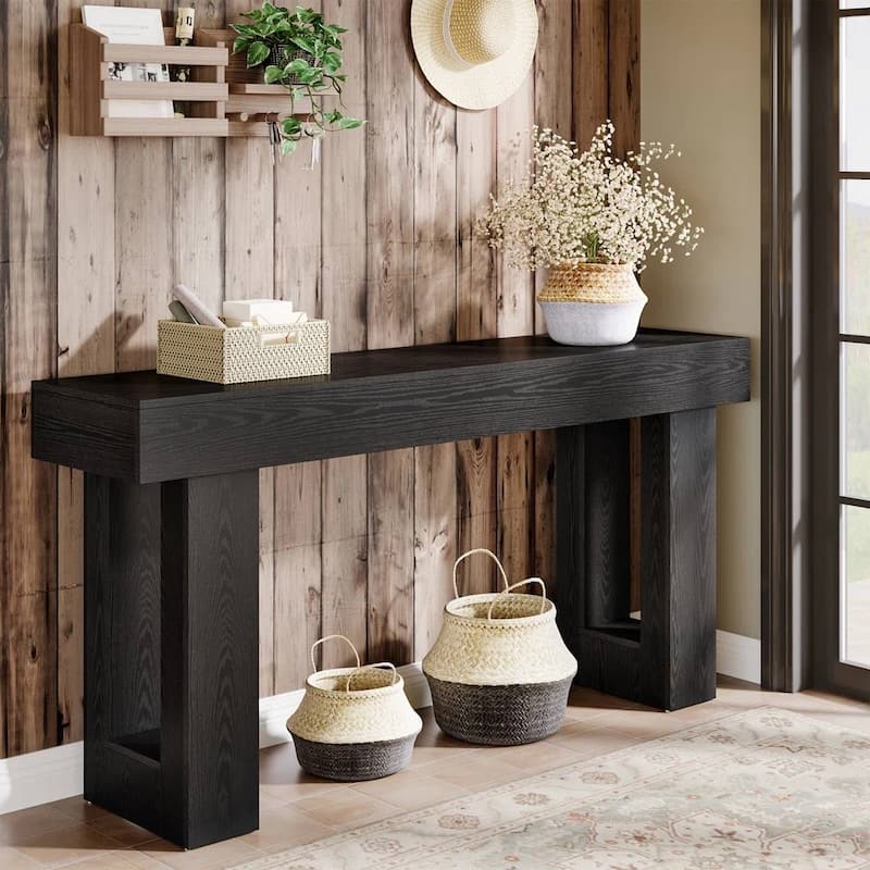 63 Inch Modern Rustic Entryway Console Table with Wood Finish and Legs for Hallway or Living Room - 63”L x 3.77”W x 33.46”H