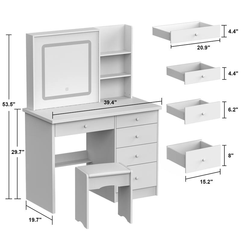 Kerrogee Makeup Vanity Set with Adjustable Lighted Mirror & Stool - 39.4"L x 19.7"W x 53.5"H