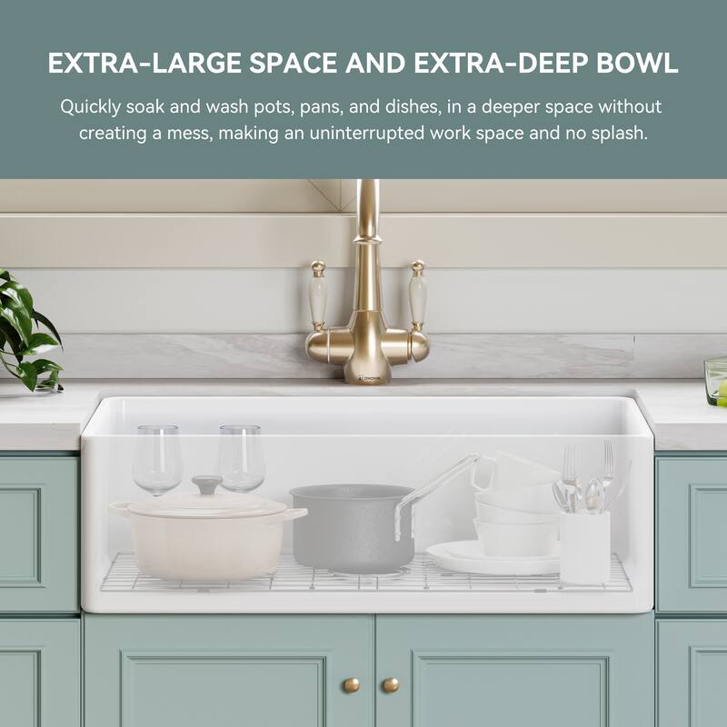 HOROW White Fireclay 33 in. Single Bowl Kitchen Sink Farmhouse Apron Front with Bottom Grid and Strainer - 33x20 Inch