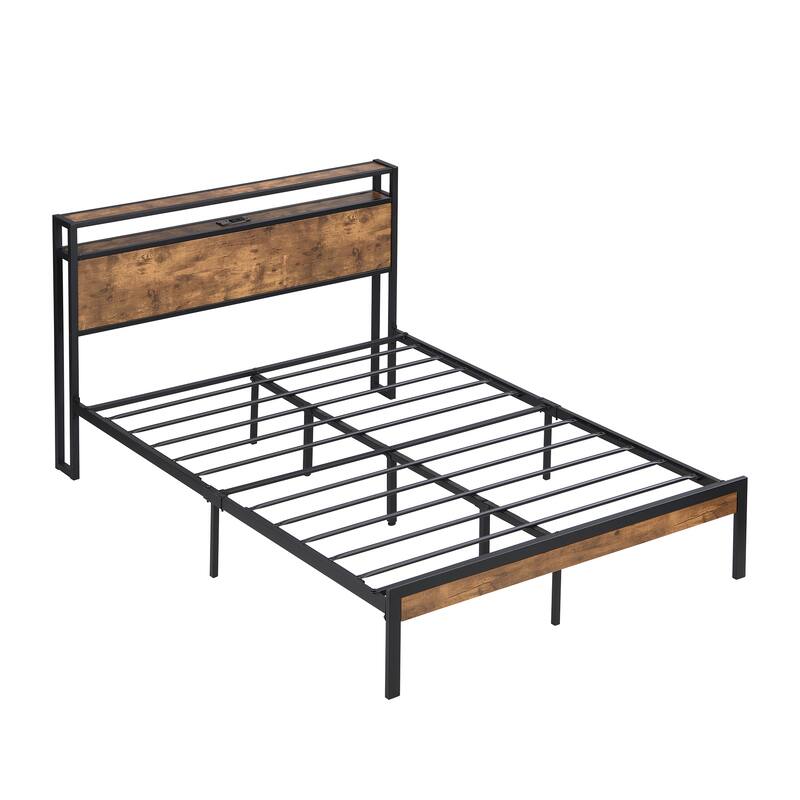 Full Size Metal Platform Bed Frame with Wooden Headboard and Footboard with USB LINER, Large Under Bed Storage