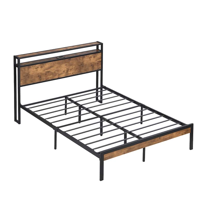 King Size Metal Platform Bed Frame with Wooden Headboard and Footboard, USB Charging, Under Bed Storage