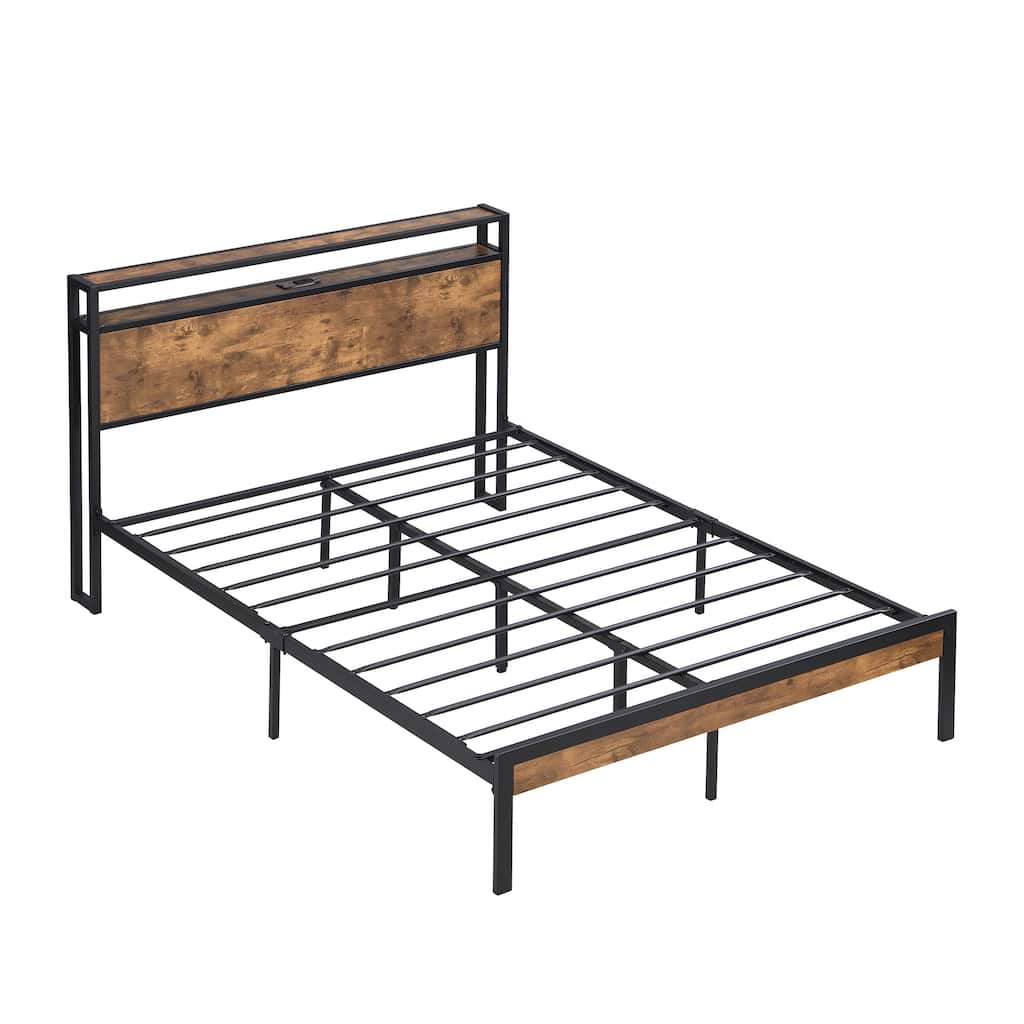 Metal Platform Bed Frame with Wooden Headboard