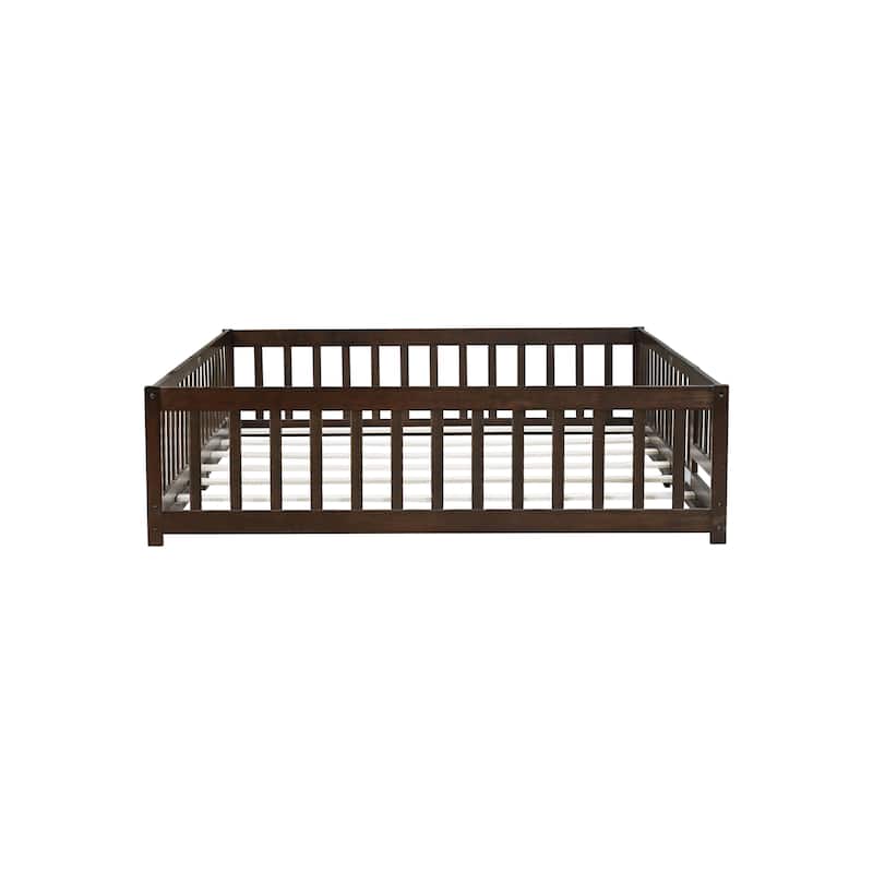 Queen Size Floor Bed with Fence,Door,Rubber Wood Floor Bed with Safety Guardrails