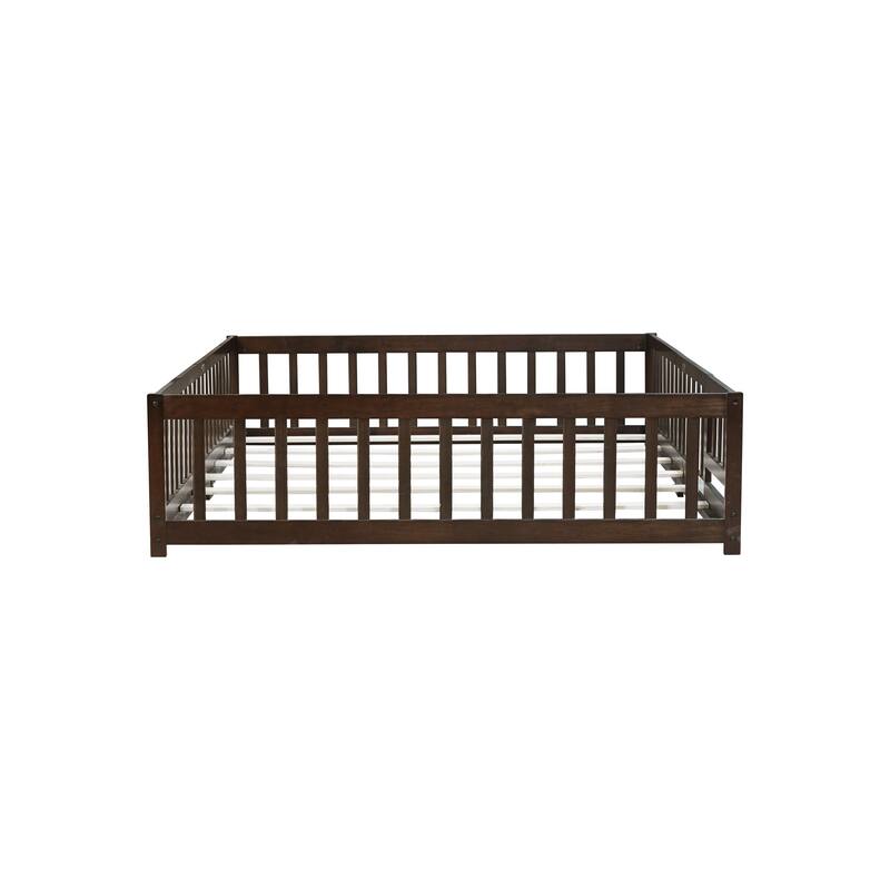 Queen Size Rubber Wood Floor Panel Bed with Safety Fence and Door