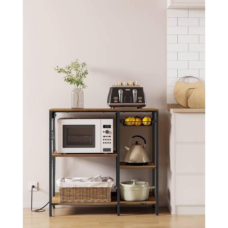 Steel Bakers Rack with Outlet Shelves and Basket with Charging Station - 15.7”D x 35.4”W x 35.6”H