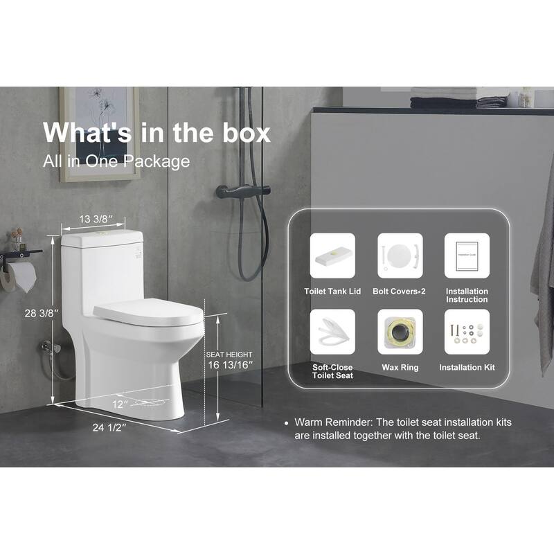 HOROW 1 Piece High Efficiency Dual Flush Toilet White 0.8 1.28 GPF Seat Included Brushed Gold Button - N/A