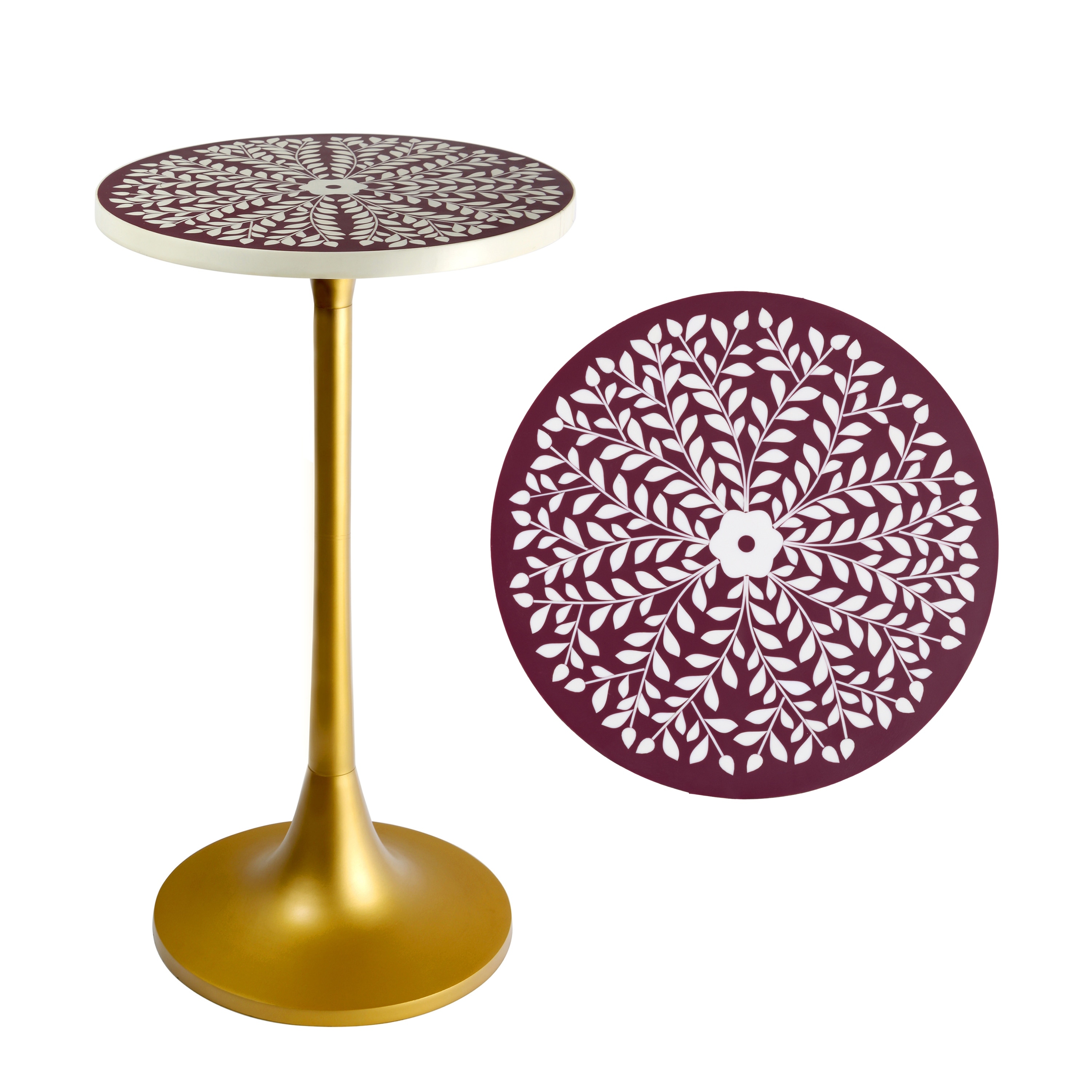 Nysha Bohemian Round Aluminum Tulip Pedestal End Table, Botanical Patterned Top Base - Decorative Accent Drink Side Table