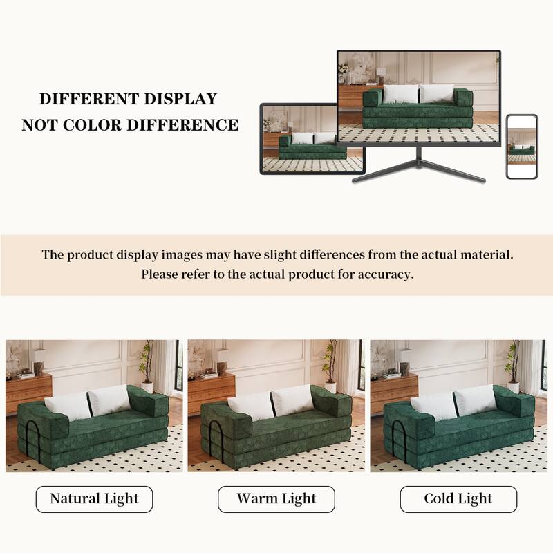 80" Convertible Couch Bed with Removable Cushions and Pillows, 3-Seat Folding Floor Couch & King Size Bed Mattress