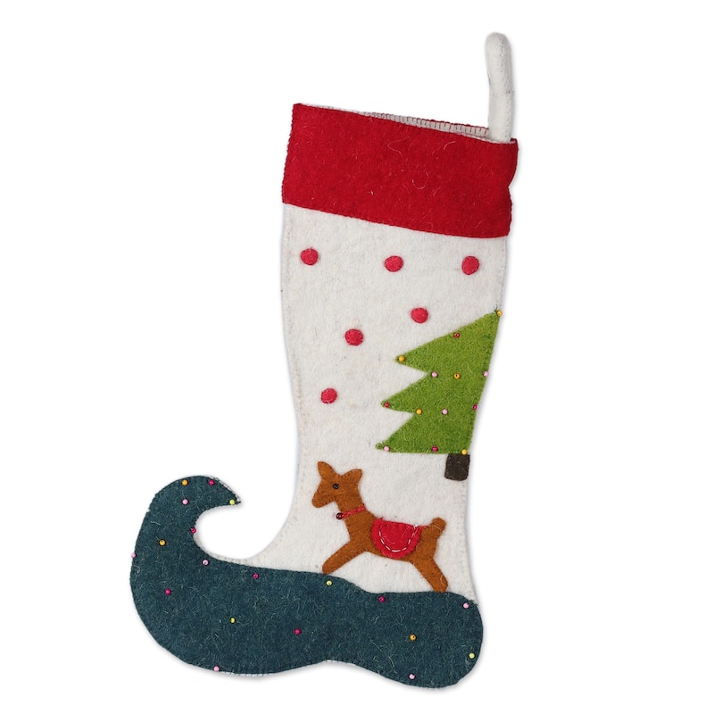 Novica Handmade Cute Reindeer Applique Wool Felt Beaded Christmas Stocking