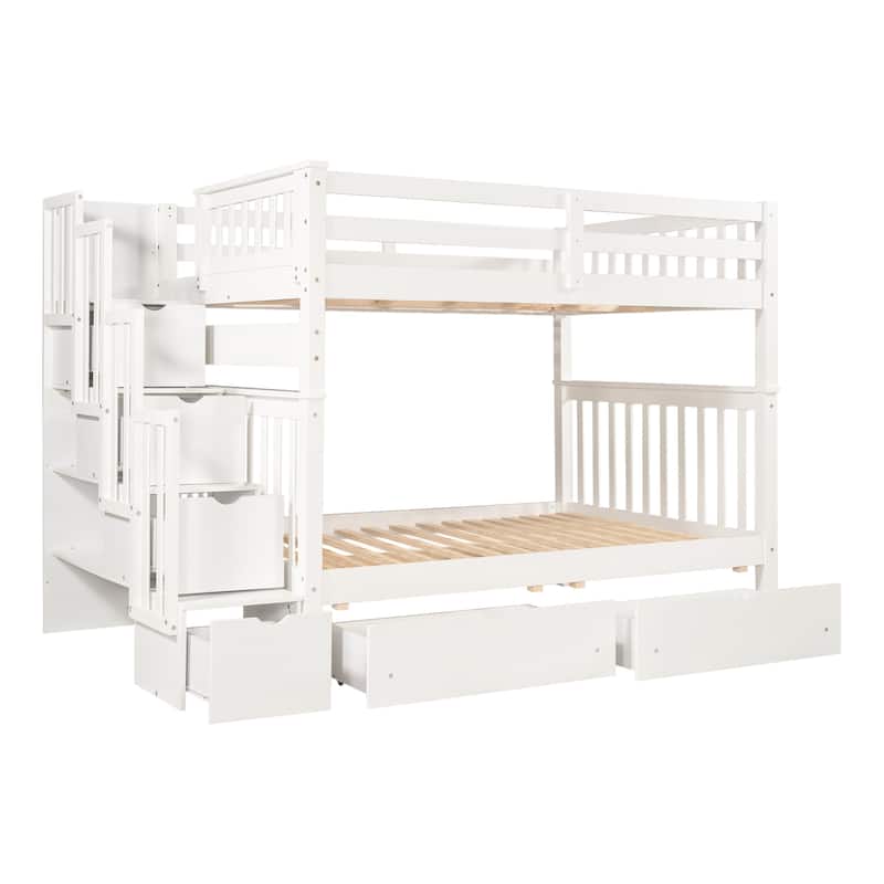 Full Over Full Bunk Bed with Shelves and 6 Drawers, White
