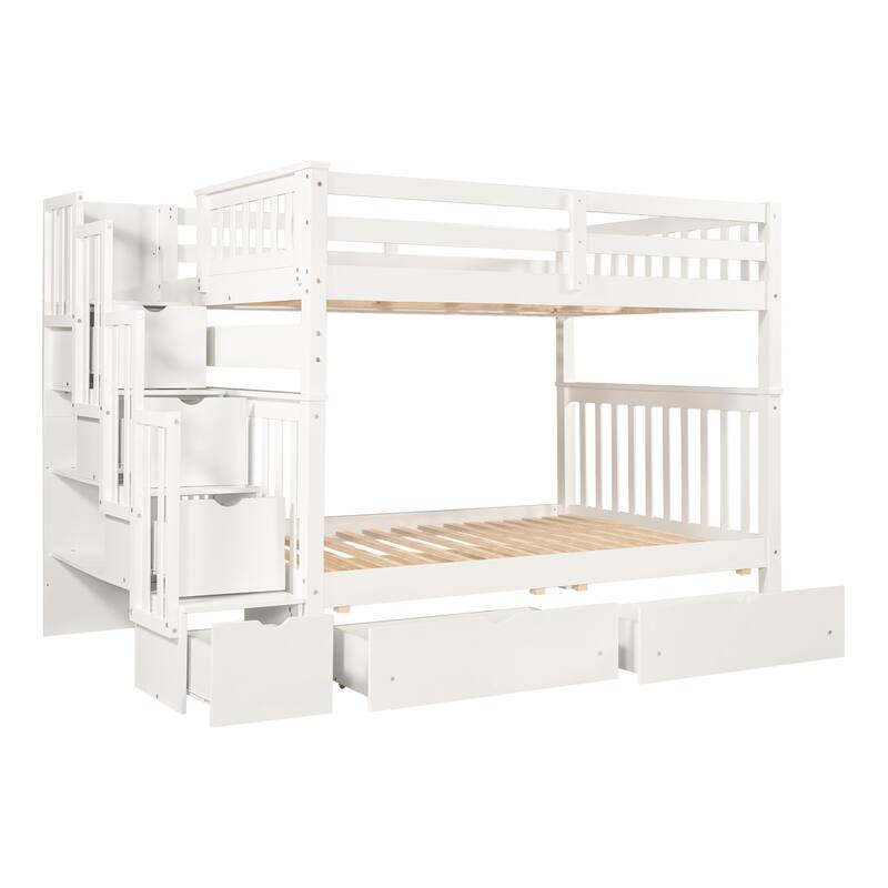 Full Size Wood Bunk Bed with Drawers, Open Shelving & Staircase, No Box Spring Needed