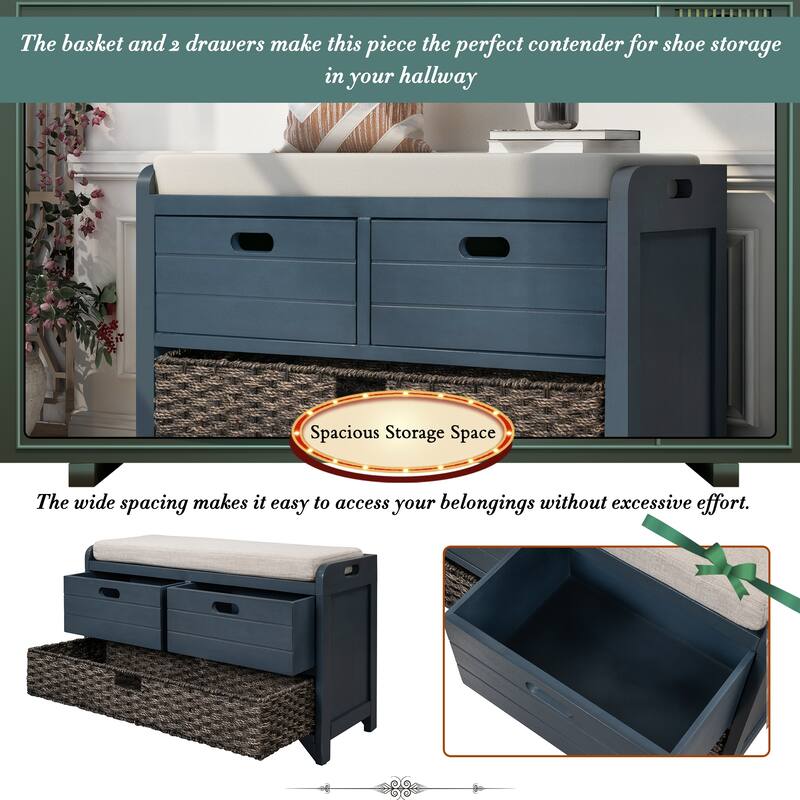 Rustic Storage Bench with Removable Cushion, Basket & Drawers - Ideal for Farmhouse Decor