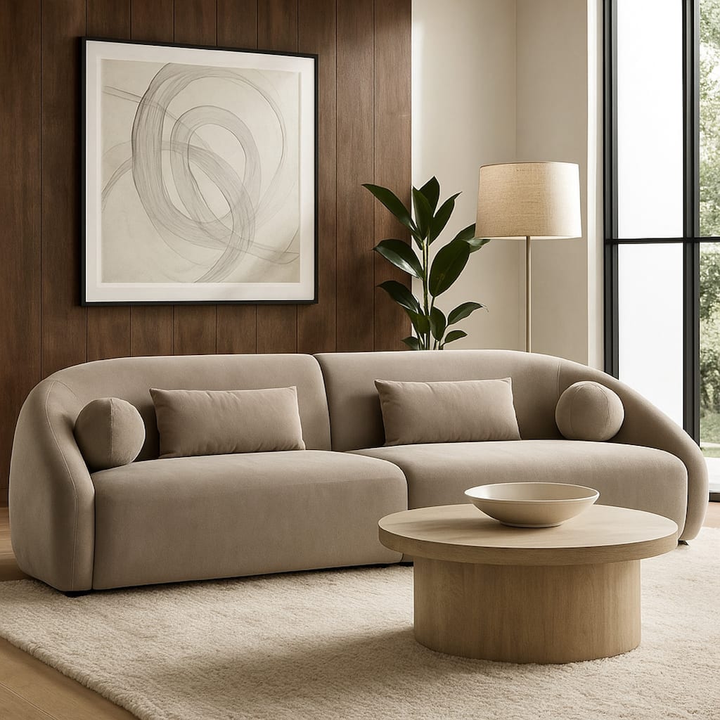 Lex Retro 2pc Sectional Sofa, 112 Inches w 4 Pillows, Fawn Faux