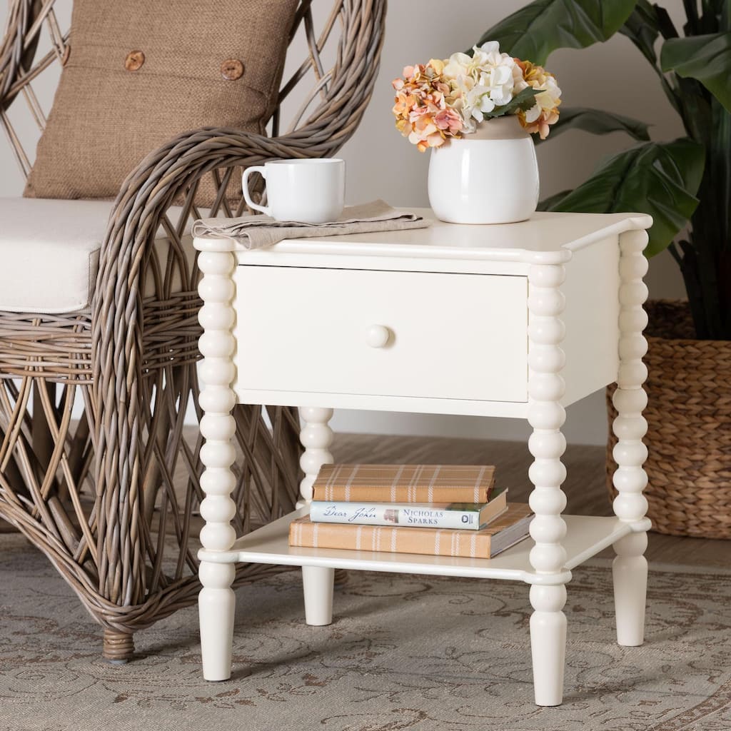 Rimona End Table with Bobbin Legs - 1-Drawer Accent Table with Spindle Turned Legs and Open Shelf, Cottage Farmhouse Side Table