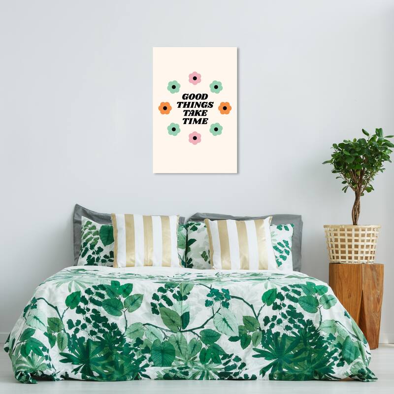 Wynwood Studio Canvas Typography and Quotes Good Things Take Time Floral Green Modern & Contemporary Wall Art Canvas Print
