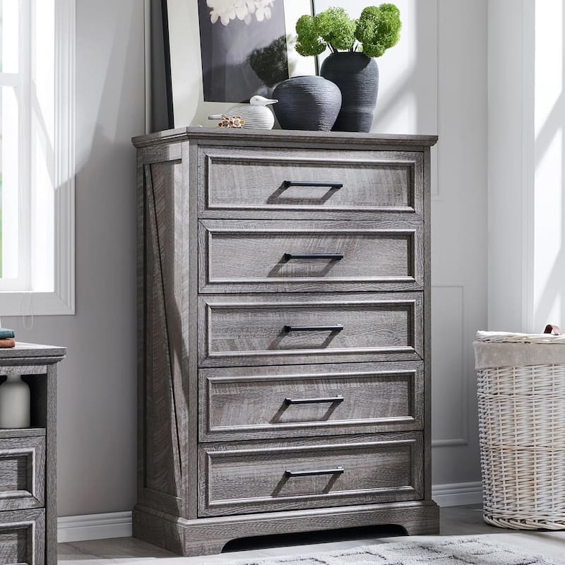 Farmhouse 5 Drawers Dresser Chests, Wood Rustic Chest of Drawers - Grey