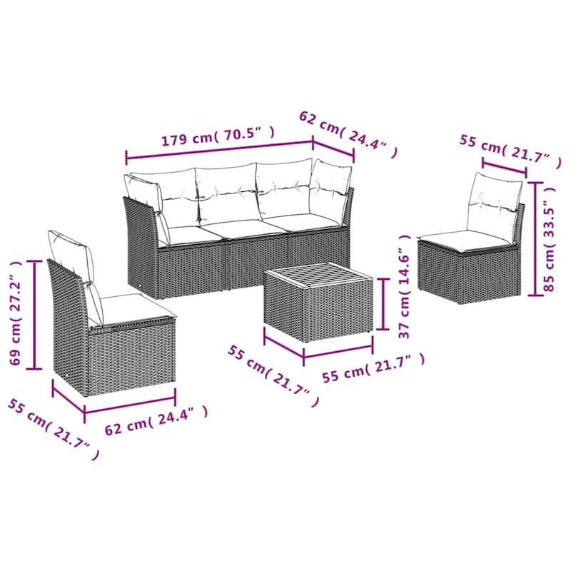 vidaXL 6 Piece Patio Sofa Set with Cushions Black Poly Rattan - 92.1x27.2x24.4