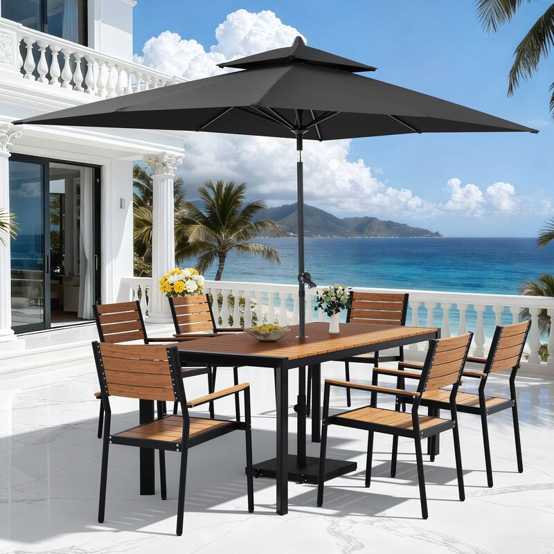 9-PCOutdoor Patio Dining Set Wood Like Aluminum Umbrella Hole Table with Stackable Armchairs, Market Umbrella and Wheel Base - BrownTable&BrownChairs&BlackUmbrella