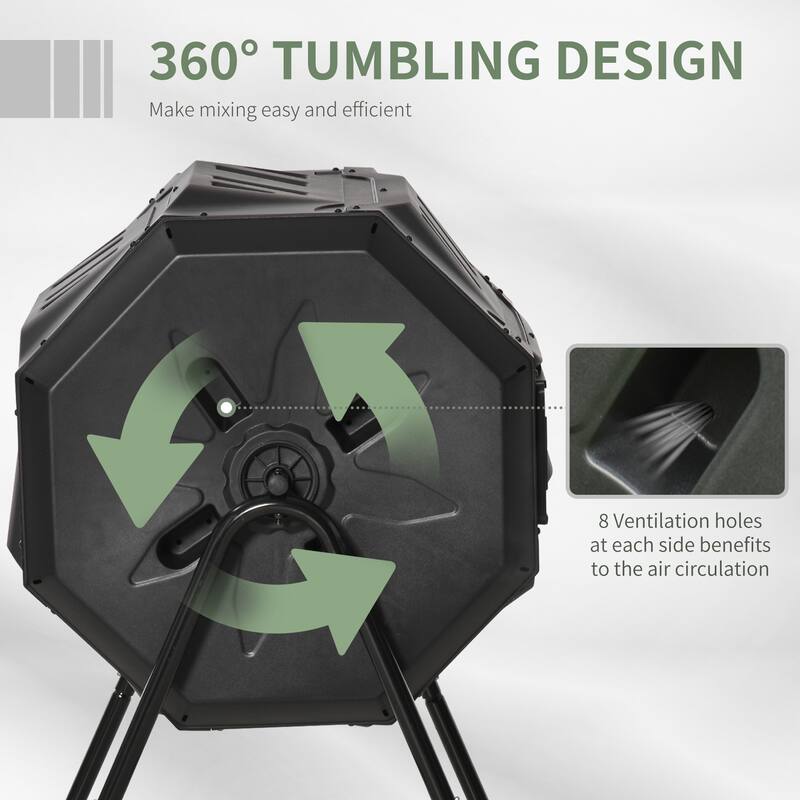 Outsunny Tumbling Compost Bin Outdoor Dual Chamber 360-deg Rotating Composter 43 Gallon w/ Sliding Doors & Solid Steel Frame