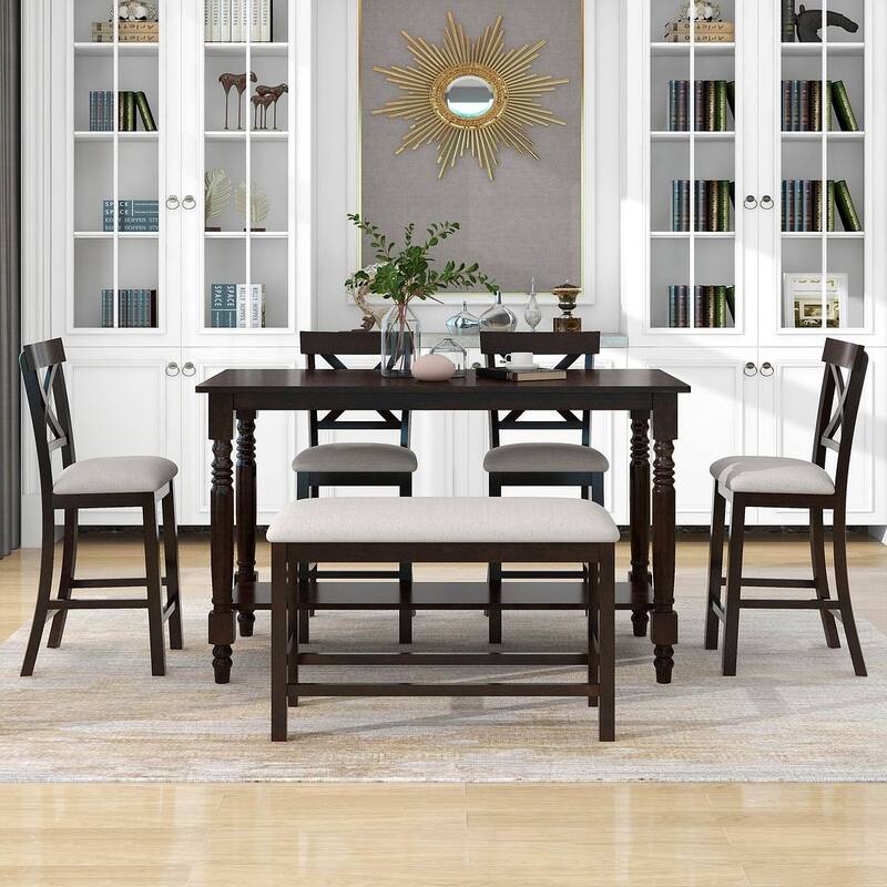 6 PCS Counter Height Dining Table Set with Shelf - Espresso