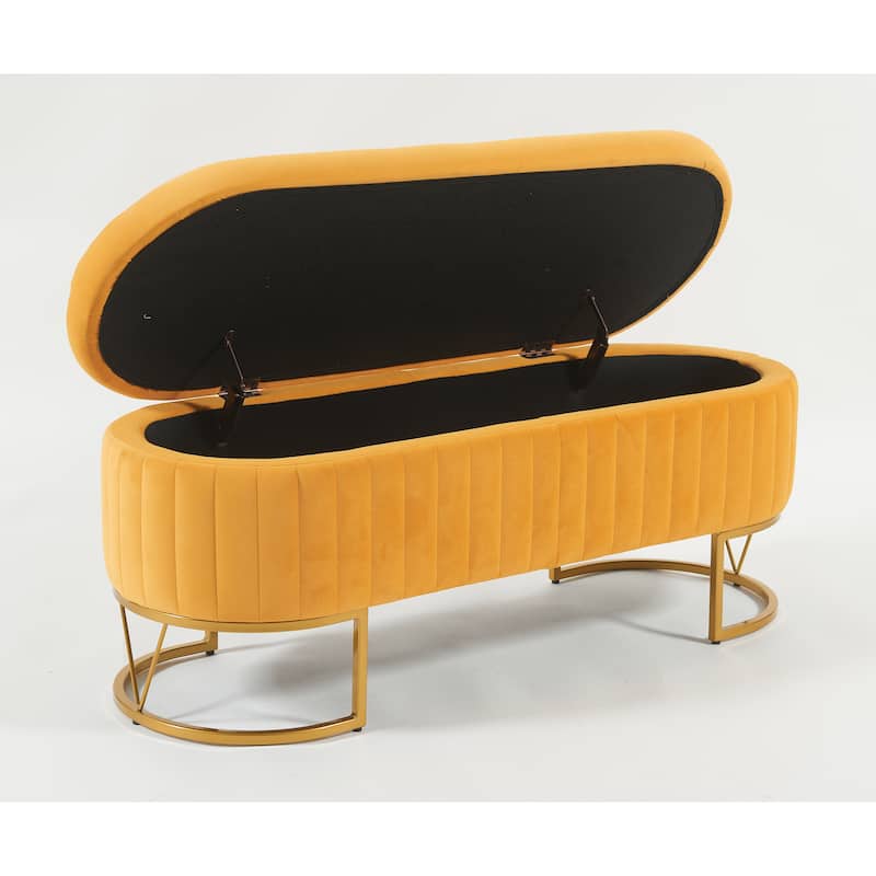 Oval Velvet Storage Bench with Metal Legs - Upholstered Bedroom Bench, Modern Storage Ottoman Bench
