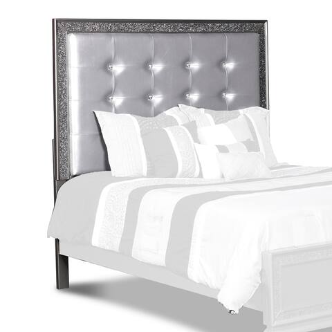 Leatherette Eastern King Headboard with Faux Crystal Inlay, Silver