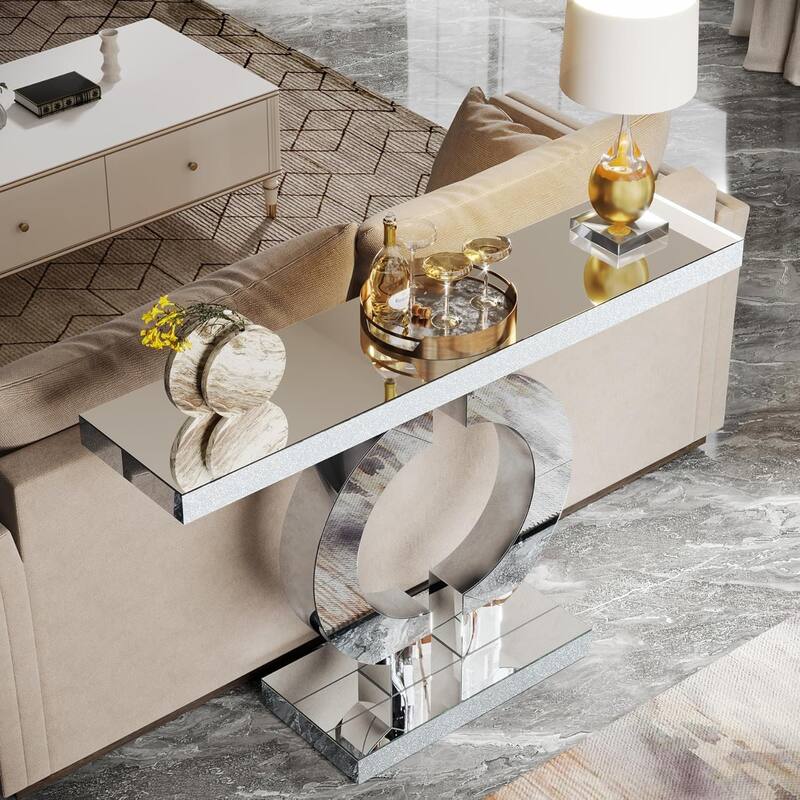 43" Mirrored Console Table, Glass Sofa/Entryway Table, Rectangular Accent Foyer Table for Living Room, Hallway & Entrance