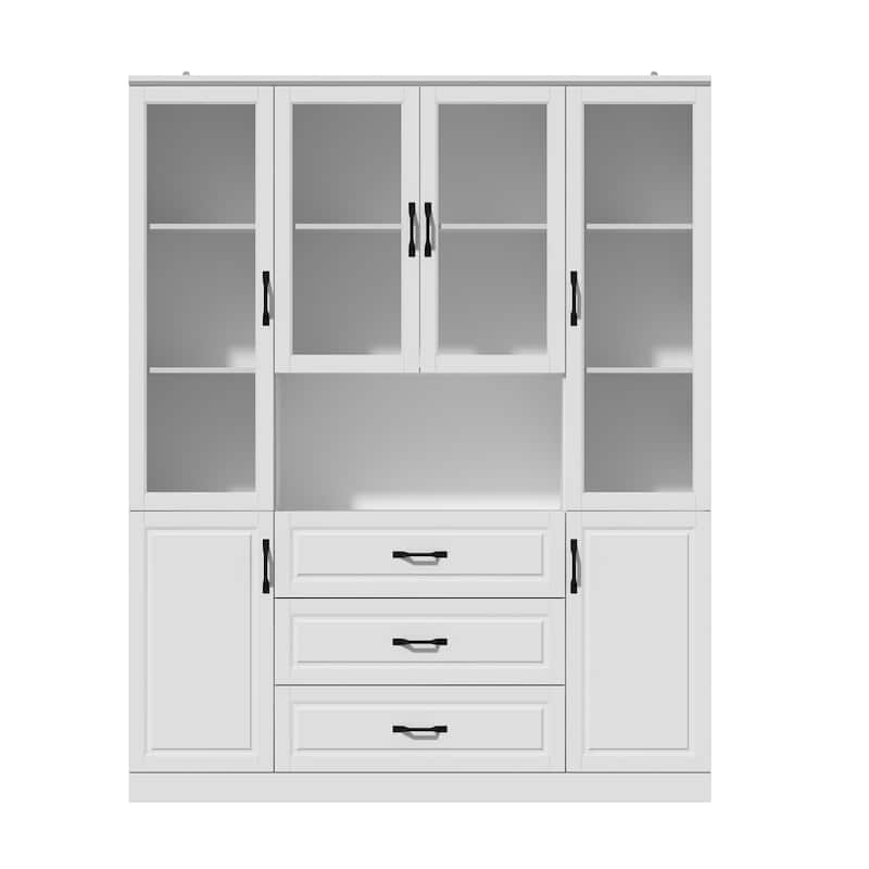 Large White Buffet Elegant Kitchen Cabinet with Glass Doors Dislplay
