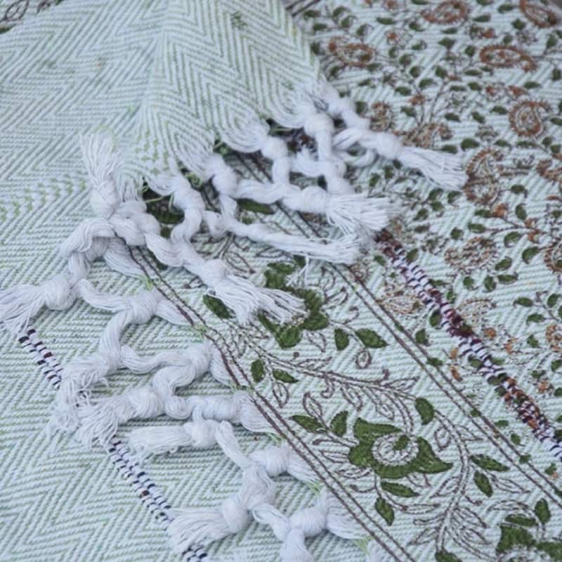 Fabdivine Keri Jaal Handcrafted Cotton Throw - Traditional Indian Block Print Blanket with Fringe, 90" x 54"
