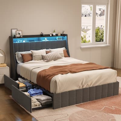 Bed Frame with LED, 4 Under-bed Portable Storage Drawers, Wings Headboard