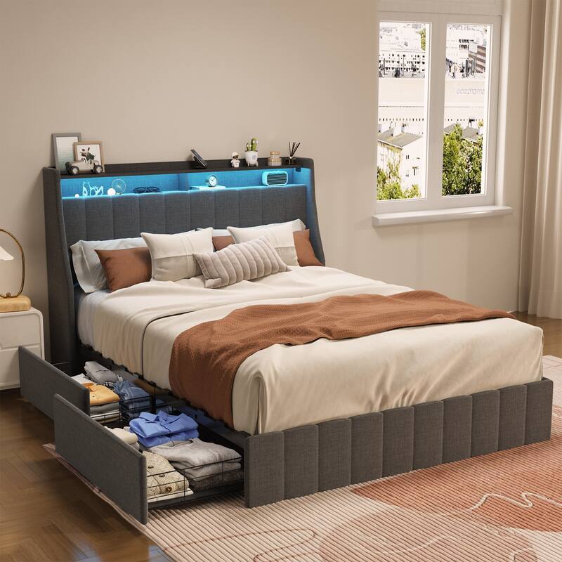 Queen Size Bed Frame with LED Lights, Storage Drawers, and Wings Headboard in Dark Grey