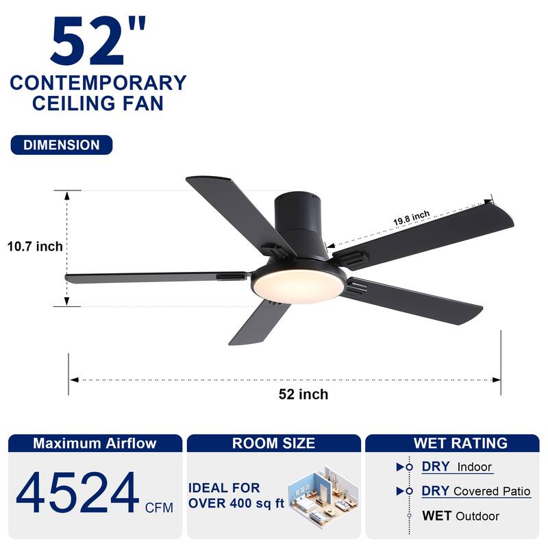 YUHAO AeroLite 48 in. Indoor White Low Profile Standard Ceiling Fan with Bright White Integrated LED Light Kit, Remote Included