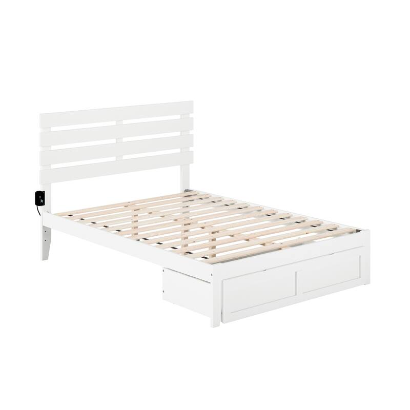 Full Bed with Foot Drawer & USB Charger - Modern Design, Grey Finish, Slat Kit Included - No Box Spring Needed