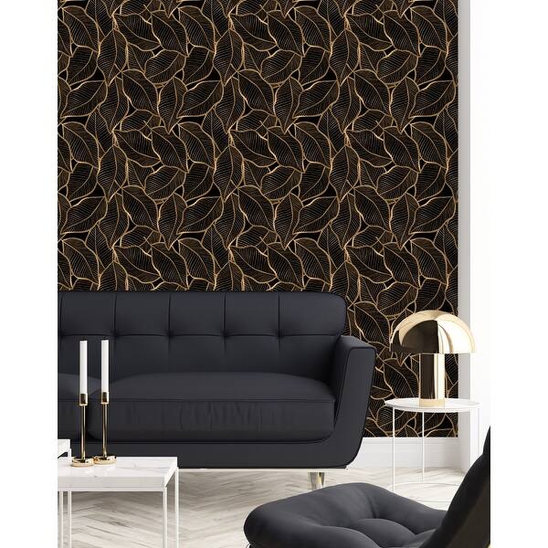Black Wallpaper with Gold Palm Leaves Peel and Stick and Prepasted ...