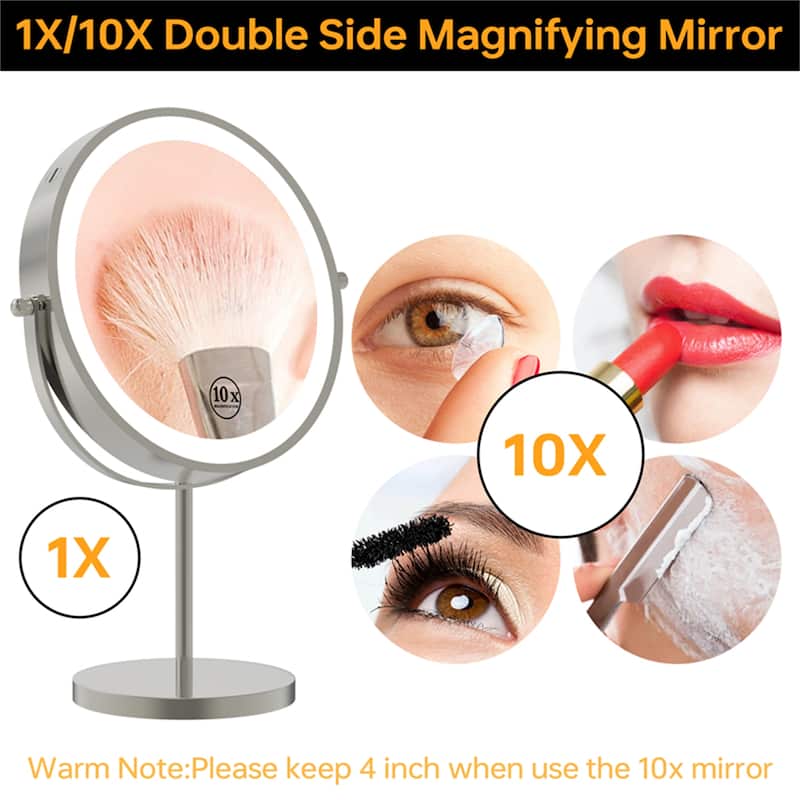 1X/10X 360 Rotation Makeup Mirror w/ Lights and 3 Color Lighting Dimmable