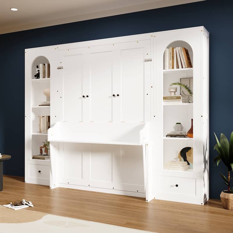 Murphy Bed Queen Size Bookcase Bed Platform Bed with Side Cabinets and 2 Drawers, Elegant French Folding Bed LED Wall Bed